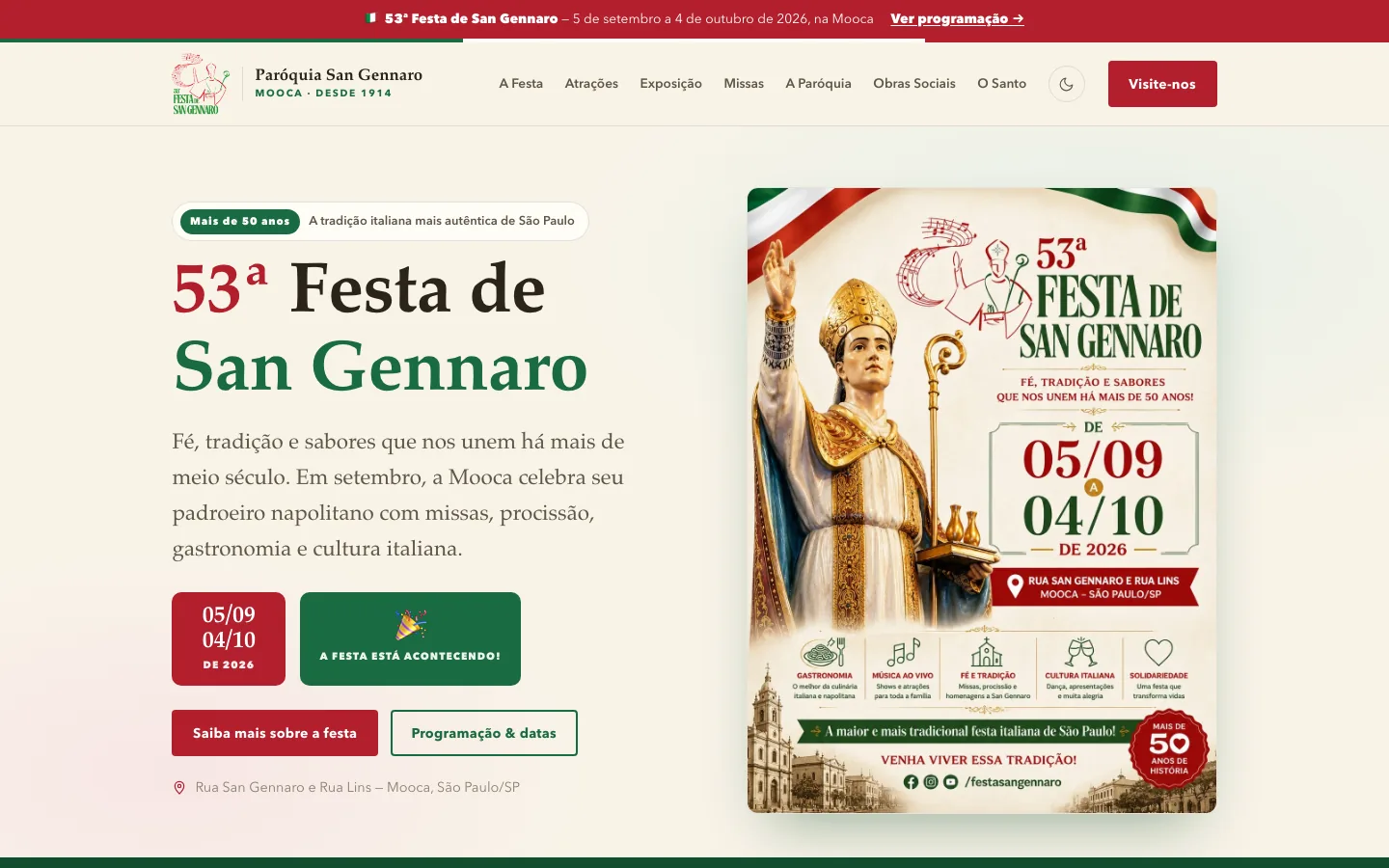 Página inicial do site da Festa de San Gennaro, vista no computador
